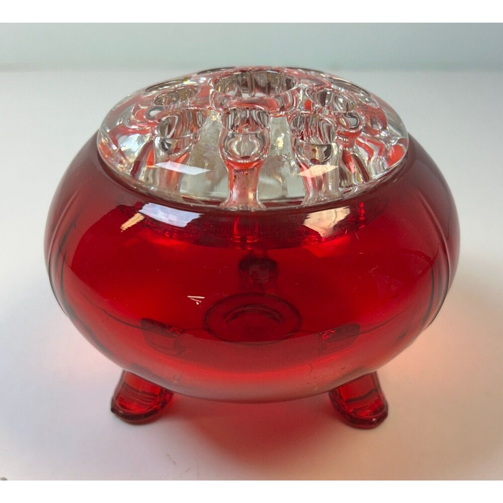 Vintage 1960s Viking Glass Flowerlite Vase Ruby Footed Rose Bowl Flower Frog
